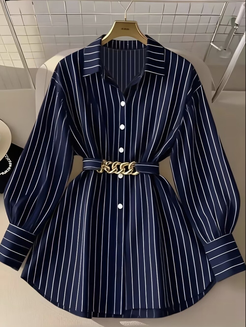Women'S Spring Autumn Elegant Striped Loose Long Sleeve Shirred Blouse